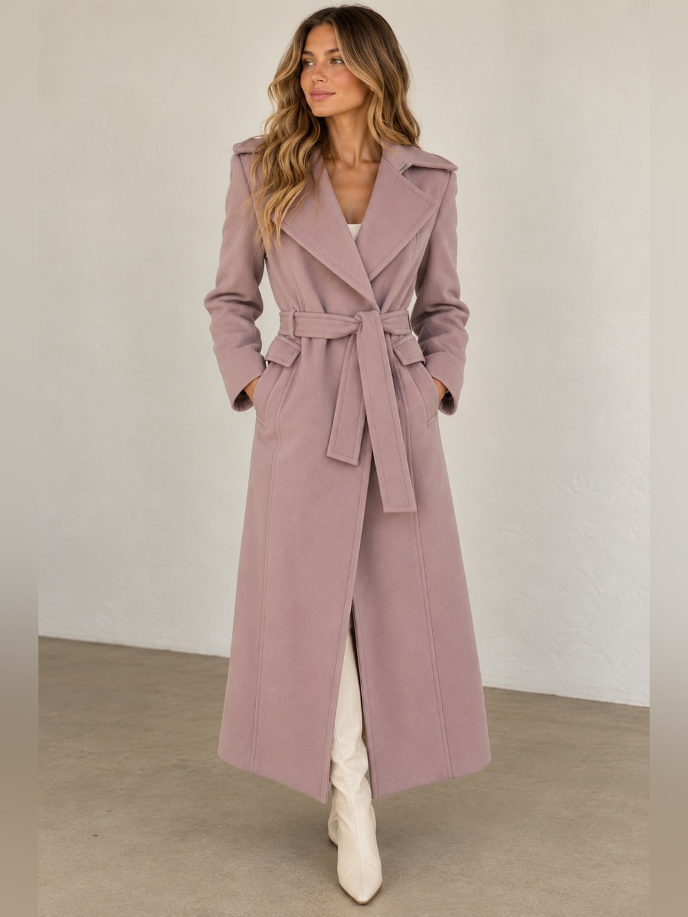 Yves Saint Laurent Rive Gauche 100% Wool Belted Maxi Coat Pink F36 NWT